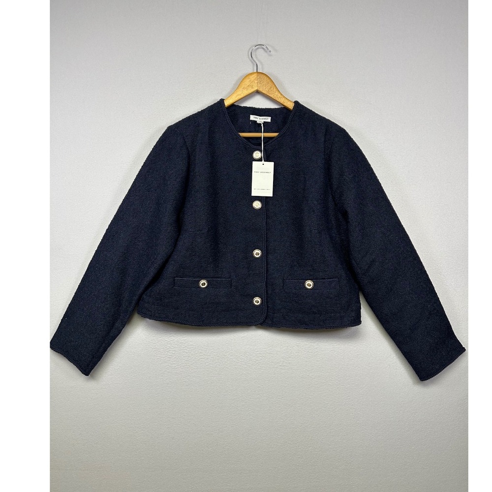Old Money Free Assembly NWT Women XXL Navy Tweed Boucle Lady Jacket‎ Gold Button